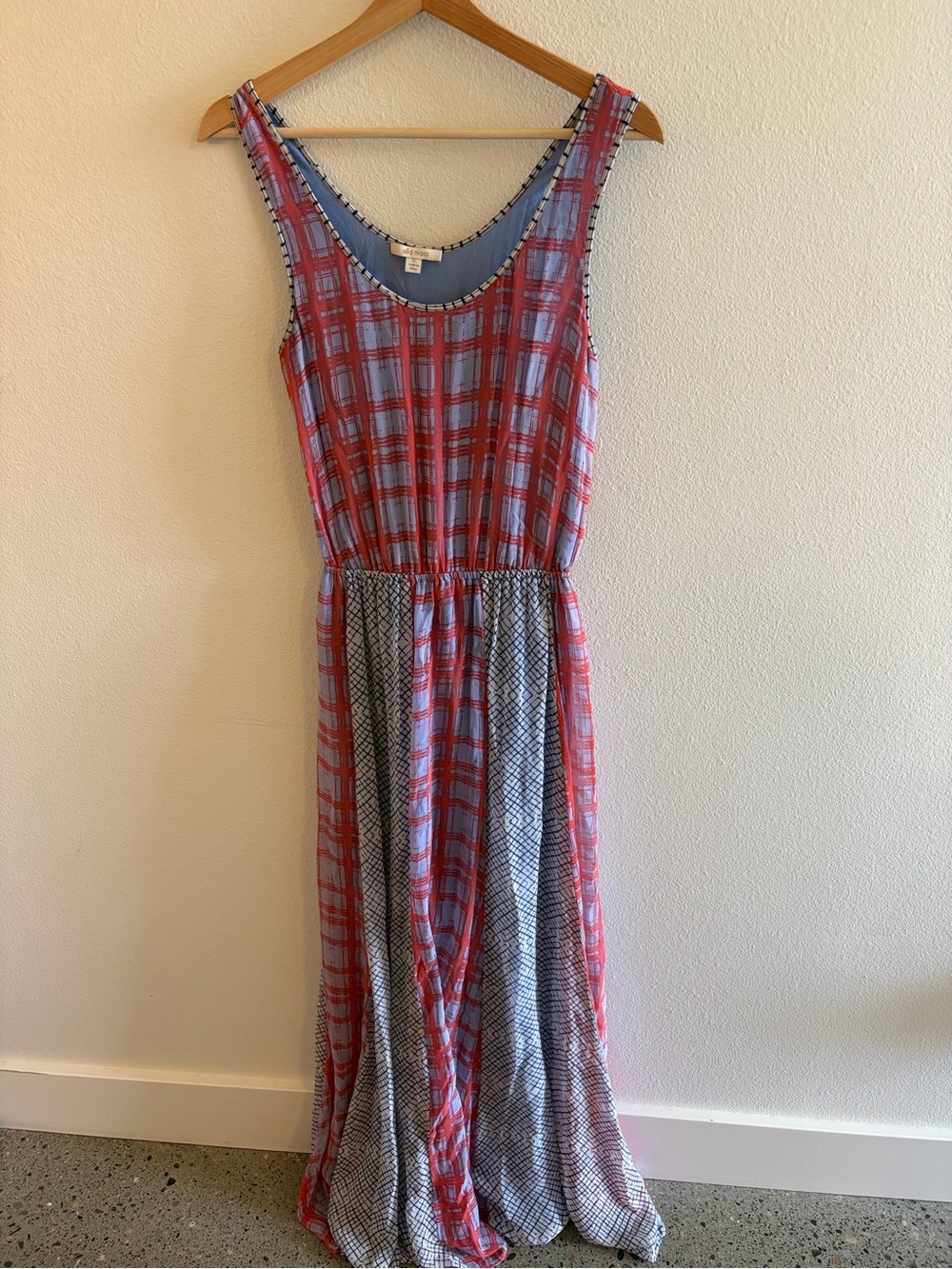 Ella Moss Sleeveless Plaid & Geo Maxi Dress in Red and Light Blue